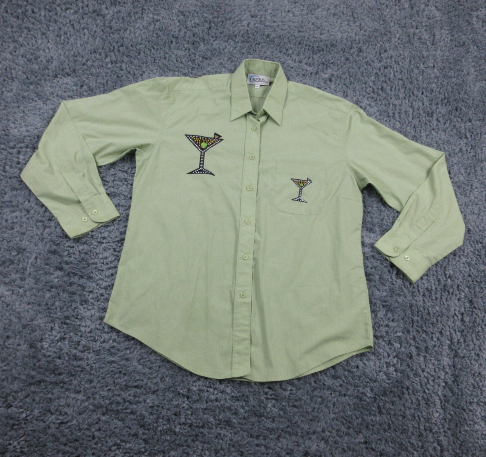 Las Olas Shirt Mens Medium Green Martini Glass Embellished Button Up Party Top